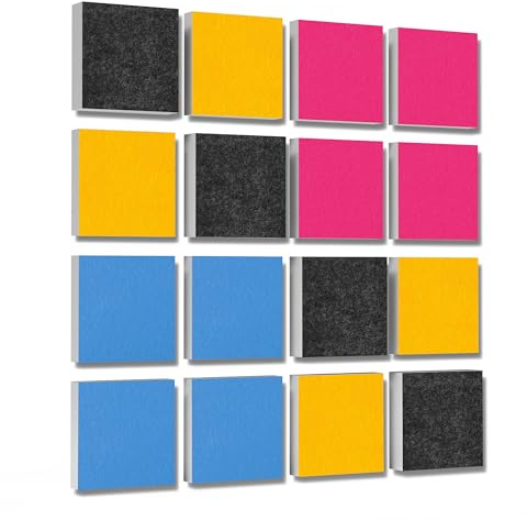 platino24 Akustikpaneele 16 Elemente 3D-Set Colore Quadrat 27,5 x 27,5 cm Multicolore I Schallabsorber aus Basotect G+ mit Akustikfilz I Schalldämmung Wand & Decke I Akustikelemente Wandpaneel