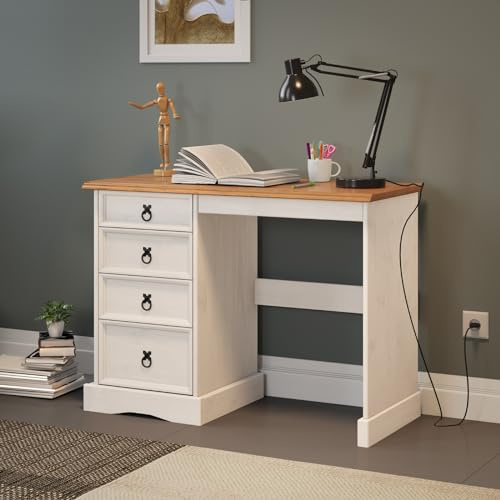 Mercers Furniture Corona Dressing Table White Painted Wax Solid Wood Pine Wooden 4 Drawer Desk Computer Table Dresser Bedroom Storage Home Office Shabby Chic Mexican 78cm High 105cm Wide 49cm Deep