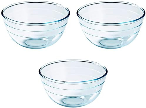 Acan Tradineur - Pack de 3 cuencos redondos de vidrio, bol para mezclar, ensaladera apilable, apto para microondas y lavavajillas, cocina - 1 litro - 17 x 10 cm