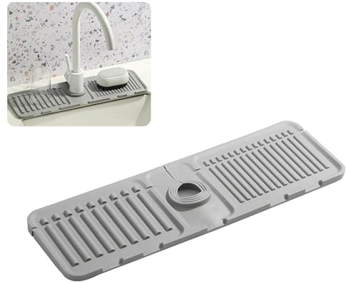 Swicado Faucet Mat for Kitchen Sink - 2024 Upgraded Premium Silicone Splash Guard with Fast Drying Properties - Protective Sink Tray Ideal for Stone Sinks in Kitchen & Bathroom (1, Gray)