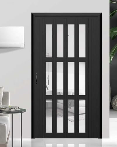 Puerta Plegable Puerta Interior Plegable Negro 58 - 203 cm de Ancho, Puerta Corredera Retráctil para Dormitorio Baño, Puerta Divisoria Metálica Puertas Magnéticas, Fácil de Instalar(26x80in (66x203cm)