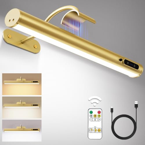 Hapfish Wireless Rechargeable Picture Wall Lights, Battery Operated Wall Lights with Remote Control, Magnetic Dimmable, Battery Powered Stick on Wall Light for Indoor Dartboard Mirror – Gold