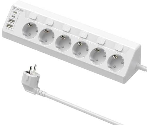 Ciabatta angolare con 2 USB e 2 Tipo-C, ciabatta multipla a 6 vie, con interruttore singolo, striscia multipla con cavo di prolunga da 2 m, per scrivania e angoli, colore: bianco
