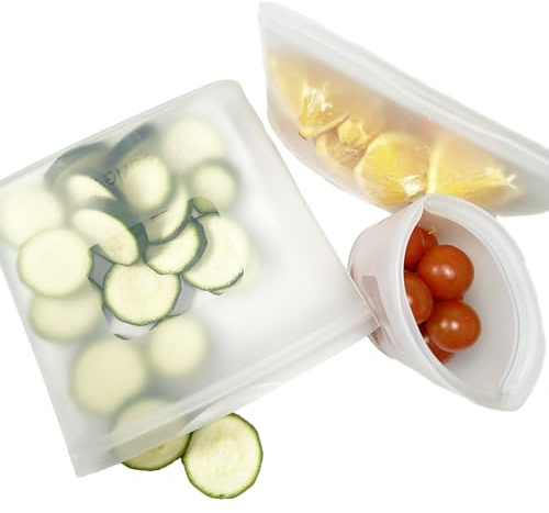 Carlett Sacs en Silicone Réutilisables, Pack de 3 Tailles 250, 450 et 700 ml, 100 % Silicone Platine Sans BPA, pour le Stockage Durable des Aliments