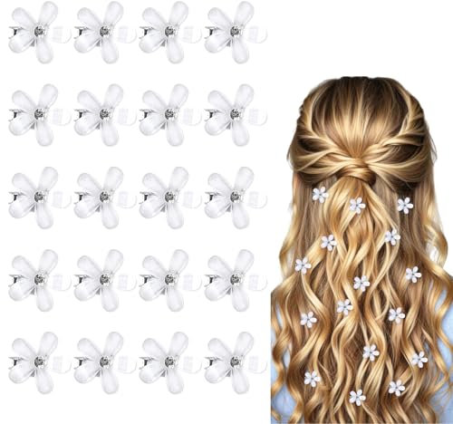 Weiß Mini Haarspange Blume 20 Stück Flower Hair Clip mit Strasssteine Niedlich Haarspangen Blumen Haarklammer Klein Exquisit Haar Accessoire Frauen Haarklammer Blume Mini Haarklammern Blumen