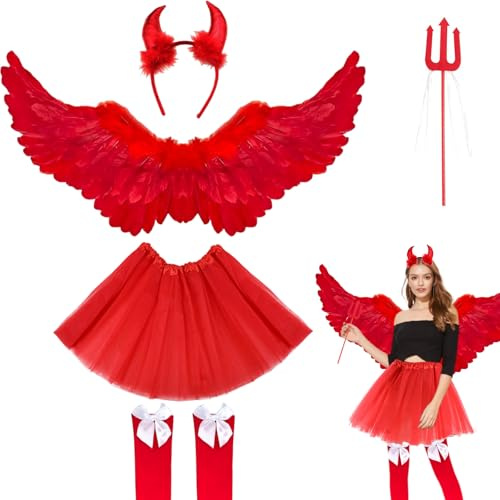 6 Piezas Disfraz de ángel Rojo para Adultos,Disfraz de ángel Rojo,Alas de ángel con Halo y Varita Mágica,Falda de Tul para Mujer,Calcetines Sobre las Rodillas,Disfraces de ángel Señoras (Rojo)