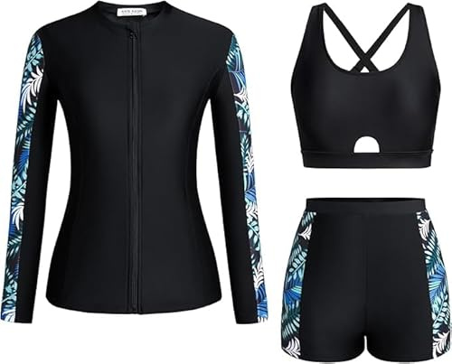 Kate Kasin Costume da bagno da donna con stampa floreale, set tankini a 3 pezzi con protezione solare, rash guard con cerniera, maglietta e mini-shorts per surf, nuoto e sport acquatici, XL