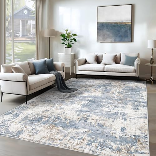 XLUEZ 6x9 Area Rugs for Living Room, Washable Modern Abstract Large Area Rug Neutral Soft Non Slip Kids Rug Stain Resistant Indoor Carpet for Bedroom Nursery Dining Room Playroom(Blue, 6'x9')
