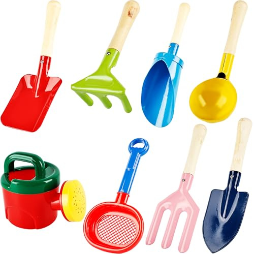 Feradny 8 Pcs Kids Beach Sand Tools Metal Beach Spoon, Fork, Trowel, Rake, Flat and Pointed Shovel Sand Toys with Sturdy Wooden Handle Watering Can Sand Sifter Sieves for Children Beach Gardening Use
