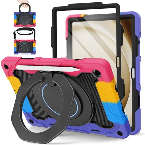 ROISKIN Samsung Galaxy Tab A9 Plus Case 11 Inch 2023 (SM-X210/215/216) | Heavy Duty Rugged Tab A9+ Plus Cover with Screen Protector & 360 Rotating Stand & Shoulder Strap & Pencil Holder,Black-Pink