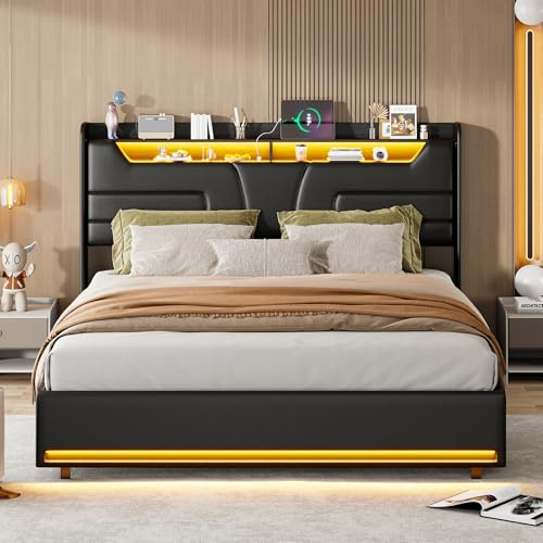 Polsterbett Doppelbett 140x200 cm,Hydraulisch Stauraumbett LED Doppelbett Mit Ladeportfunktion Funktionsbett Nachttisch mit Ladefunktion bett mit stauraum boxspringbett (Schwarz+PU-1, 140x200)