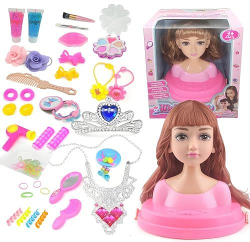QiLumier Testa Bambola da Truccare e Pettinare, Testa da Pettinare Bambina, Bambola da Truccare Regalo di Compleanno, Natale per Bambini a Partire Dai 3 Anni