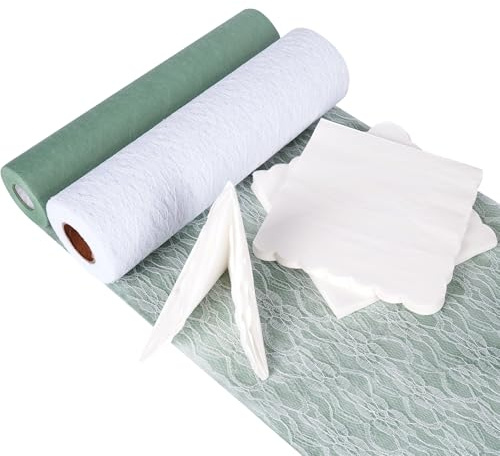 Vlies Tischläufer Set Salbeigrün mit Spitze & Servietten für Hochzeit | 30cm x 25m Tischläufer Grün, weißes Spitzenband & 50 Servietten, Tischdeko-Set für Kommunion, Konfirmation, Taufe & Feiern