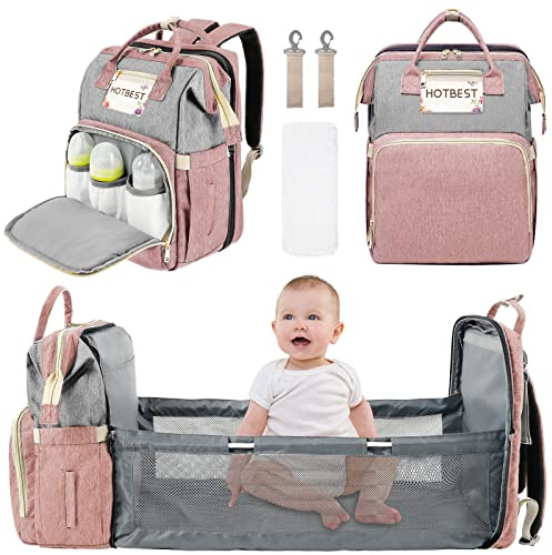 PEIZHIYC Baby Wickelrucksack mit Bett, 40x30x22cm Wickeltasche Rucksack mit Multifunktionale Taschen Isolierten Flaschenhaltern Wasserdicht Faltbar Wickeltasche für Mama Papa (Rosagrau, S)