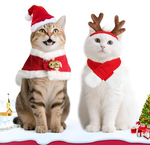 NAMSAN 4-teiliges Weihnachtskostüm Set für Hunde, Katzen & Hasen – Rentiergeweih-Kopfband, Santa Hut, Schal & Umhang, perfekt für Weihnachten, Party