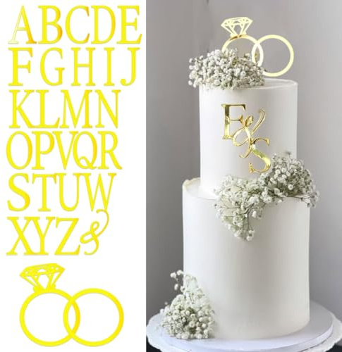 Wedding Cake Topper Diamond Ring Cake Topper with 26 Letter Personalize Bride and Groom Initial Sign