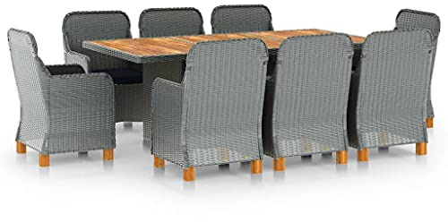 Qnhdfrt 9-TLG. Garten Essgruppe mit Auflagen aus PE Rattan in Hellgrau und Schwarz für Terrasse Balkon und Garten mit Akazienholz Beinen