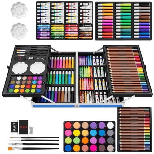 Vivo Technologies 145 PCS Deluxe Art Set,Painting & Drawing Set in Aluminium Case with Oil Pastels, Colored Pencils, Acrylic Paints, Watercolor Cakes, Brushes for Artists, Adults, Children, Kids