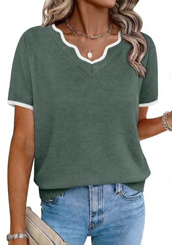 Spring Tops for Women Short Sleeve Sweater V Neck Sweaters for Women Short Sleeve Tops Green L