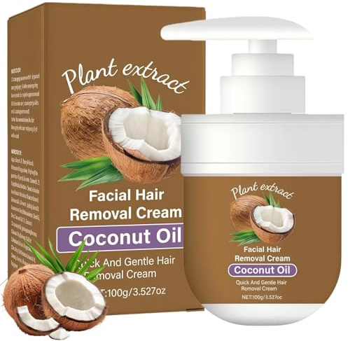 Facial Hair Removal Cream with Coconut Oil, Facial Hair Remover Cream for Women, Gentle & Quick Effective Depilatory Creams for Upper Lip, Chin, Face & Body, All Skin Types, 100g