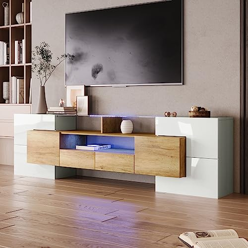 NuvlaGu Mueble bajo para TV moderno, 200 cm de ancho, color blanco y natural, con iluminación LED RGB, 6 puertas y 2 cajones, armario para salón (blanco + natural + tablero de fibra de densidad media)