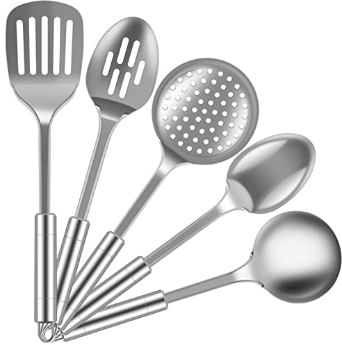 5Pcs Kitchen Utensils Set, Heavy Duty Cooking Tools, Stainless Steel Spatula Set with Ergonomic Handle, Reusable Kitchen Gadgets Tools Set with Hanging Hole for All Cooking Tasks