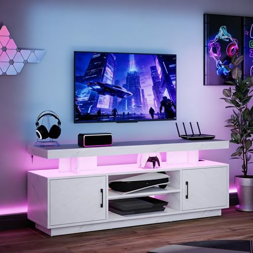 Manora TV Schrank mit LED 140cm Lang, TV Board Weiss for 55 inch tv,Fernsehkommode Mit 2 Offenen Lagenregalen und 2 Staubschränken, Fernsehschrank Hoch,Modern Wohnzimmer-TV Sideboard mit Marmormuster