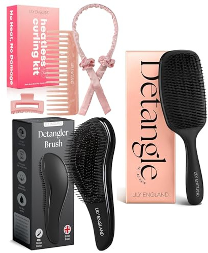 Black Curly Detangling Brush and Detangling Brush with Heatless Curling Kit – Complete Hair Care Bundle for Smooth Styling and Effortless Heat-Free Curls