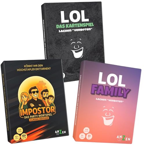 ANZEN Best-of-Bundle | Kartenspiele | Impostor + LOL Family + LOL - Das Kartenspiel | lustige Gesellschaftsspiele | Geschenke für Männer und Frauen | Partyspiele für Erwachsene und Familie