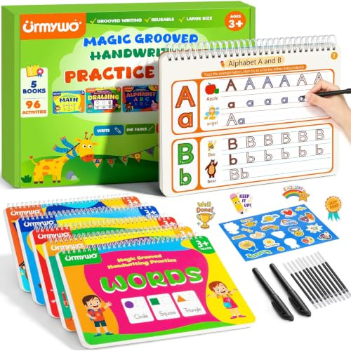 Magic Grooved Handwriting Practice Books for Kids Aged 3–8, Reusable Tracing Copybook Set with Magic Pen, Early Development Learning Toys, Alphabet Number Maths Word Drawing Workbooks for Preschool