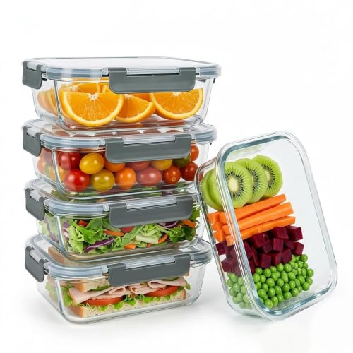 5pcs 1040ml Glass Food Storage Containers with Lid, Reusable & Airtight | Meal Prep Container for Lunch, Pantry Organizers and Storage, Safe for Microwave Freezer Dishwashers