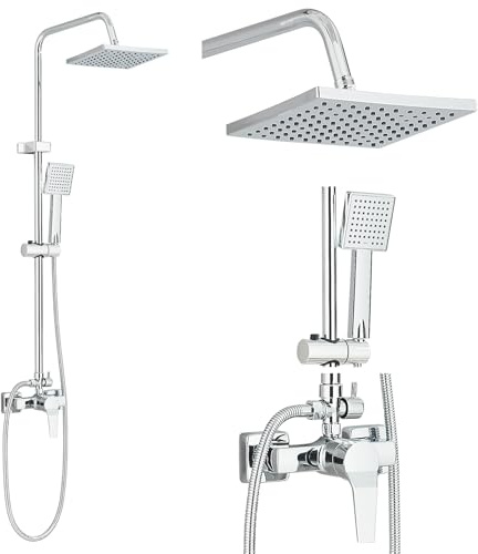 Cesinkin Colonne de Douche avec Mitigeur Monocommande Chromé Réglable en Hauteur Colonne Douche Ensemble de Douche Acier Inoxydable avec Douchette Salle de Bain