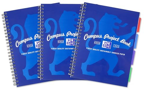 Oxford Campus A4 Project Notebook with Dividers, Wirebound, 8 mm Lined with Margin, 200 pages, Pack of 3, Optik Paper+, Blue
