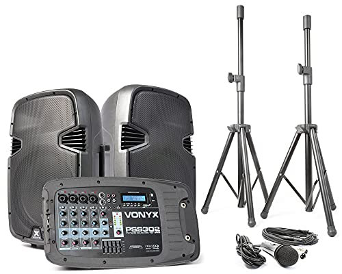 Vexus PSS302 Sistema Audio Portatile completo con 2 altoparlanti, mixer, stativi e microfono (300 W max, Bluetoothm, USB SD MP3, custodia per trasporto)