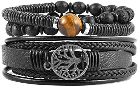 HZMAN Genuine Leather Tree of life Bracelets Men Women Tiger Eye Natural Stone Lava Rock Beads Ethnic Tribal Elastic Bracelets Wristbands (Black)