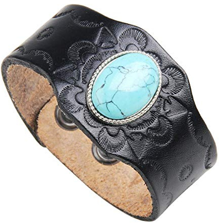 Bracelet en Cuir pour Femme,Vintage Tressé en Cuir Véritable Noir Large Turquoise Géométrique Bangles Bracelets De Charme Personnalité Cadeau De Noël pour Les Hommes Femmes Garçons