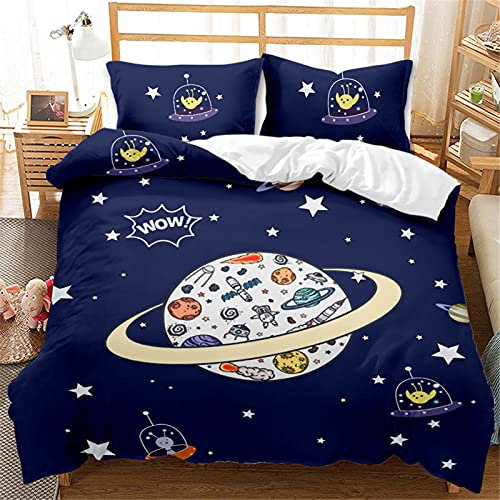 Timiany Bettwäsche 135x200cm Kinder Jungen Blau Sterne Astronat Rakete Planeten Weltall Kinderbettwäsche Set Bettbezug Und Kissenbezug 80x80cm (Planet,220x240+80x80)