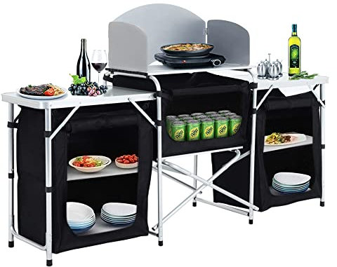Warmiehomy Campingküche Schrank Faltbar, Tragbarer Campingschrank mit Aluminiumgestell, 3 Schränkfach & Abnehmbare Platte, Outdoor Küchenschrank für Picknick, Reisen, Strand, Schwarz, 175×40×110 cm