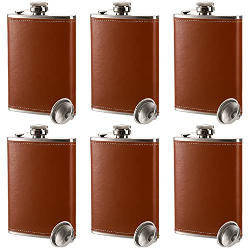 Suwimut 6 Pack Flask for Liquor and Funnel, 240ml / 8oz Leak Proof 18/8 Stainless Steel Pocket Hip Flask with Brown Leather Cover for Men Women Drinking of Alcohol, Whiskey, Rum and Vodka