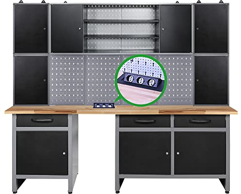 Ondis24 Werkstatteinrichtung 242cm Komplettset mit FSC-zertifizierten Buchenholz Arbeitsplatten, versenkbarer Steckdosenleiste grau Werkbank Werkzeugschrank Lochwand (3 Schubladen / 9 Türen, Schwarz)