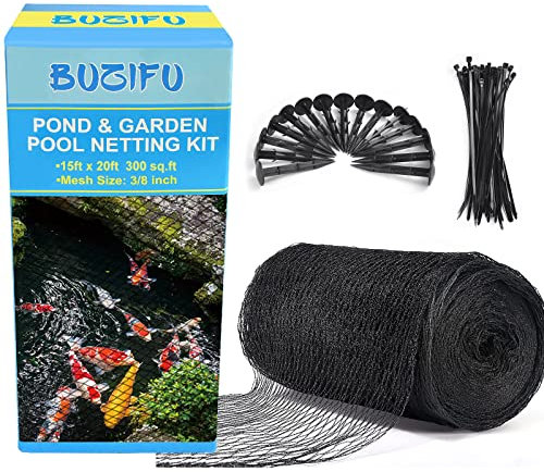 BUZIFU Koi Pond Netting Kit 4.5 x 6m Heavy Duty Fine Mesh Pond Net Cover Mesh Fruit Trees Netting Reusable Garden Nets with 14 Pegs and 30 Cable Ties for Keeping Out Predators and Leaves