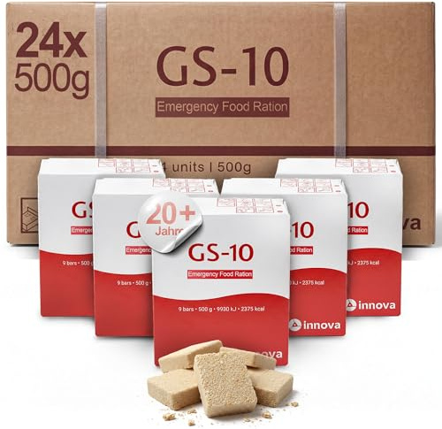 GS-10 Emergency Food der Oberklasse | Großkarton 24x500g | bester Notfallvorrat, hermetisch versiegelt, lange haltbare Energieriegel - Notverpflegung | Notfallnahrung MRE