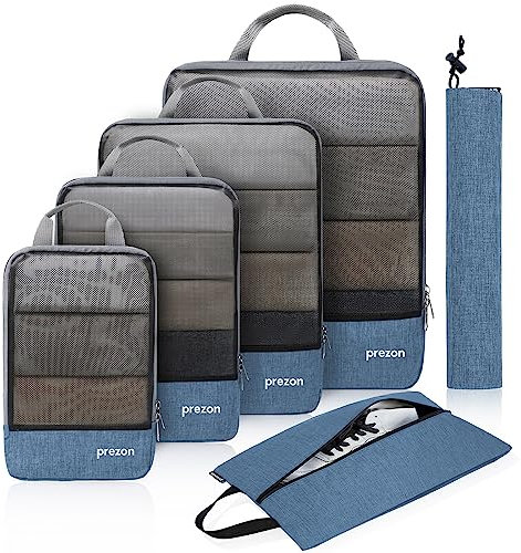 Prezon Komprimierbaren Packwürfeln mit Reiseschuhtasche und Wäschesack, Erweiterbarer Koffer-Organizer, Packtaschen Set zur Organisation Ihres Reisegepäcks, Gepäck Organizer für Rucksack & Koffer