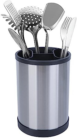 Iceten Rotating Black Utensil Holder, Large Retro Cylindrical Cutlery Holder with Non-Slip Base Stainless Steel Kitchen Utensils Holder Large Capacity Spoon Holder Utensil Pot(Silver & Black )