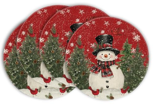 Artoid Mode Rot Schneemann Vögel Weihnachten Runde Platzsets 4er Set, 37cm Winter Xmas Tischset Waschbar Platzdeckchen Küche Party Deko