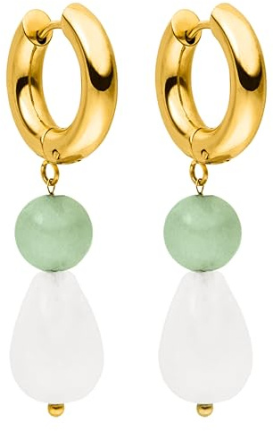 Purelei® Clear Quartz Drop Earrings, Women's Creole Earrings Made of Durable Stainless Steel, Waterproof Earrings Made of Aventurine and Quartz Beads, Length 44.5 mm, Stainless Steel, Rose Quartz and