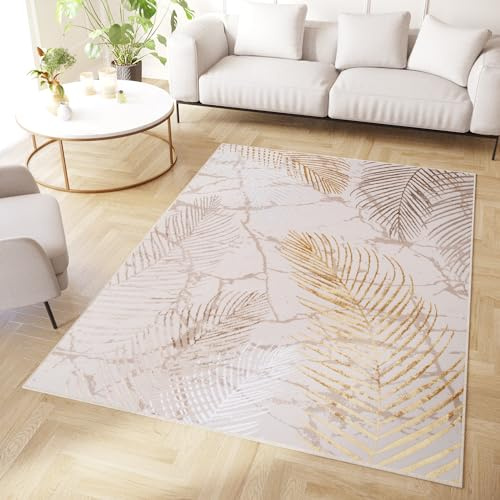 TAPISO Crystal Teppich Kurzflor Gold Creme Glänzend Blätter 250 x 350 cm | Floral Wohnzimmer Diamant Palmen 3D Effekt Modern Design Schlafzimmer OEKO-TEX