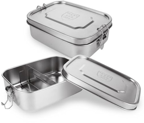 MUXHEL 2 Stück Brotdose Edelstahl mit 2 Fächern, 1200ml Metall Lunchbox mit Bewegliche Trennwand, Auslaufsicher Brotdosen Brotzeitbox für Erwachsene & Kinder – 19 x 14 x 6cm