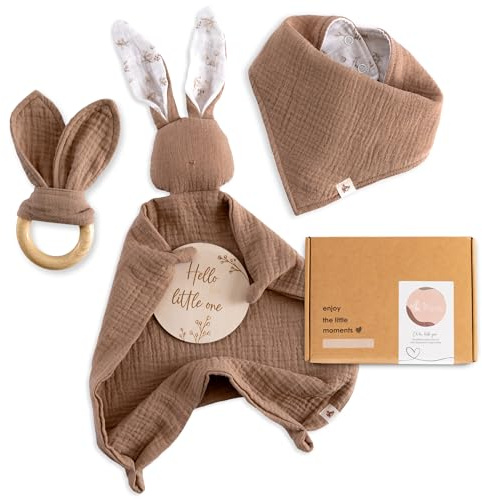 Mikito Baby presentset, för pojkar och flickor/nyfödda med muslin snuffelduk bitring haklapp träskylt, som en gåva till födseln (taupe)