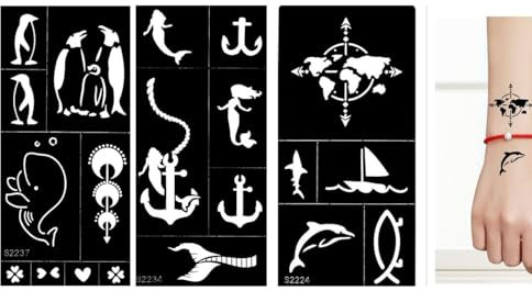3 Blätter Wal Delfin Anker Welt Tattoo Schablone Tattoo Vorlage 3 Sheets Set